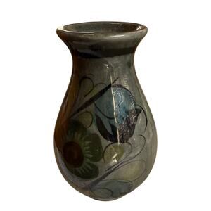 Folkart Gray Mexico Vase  Pottery Tonala Vintage 6" tall  black  green flower